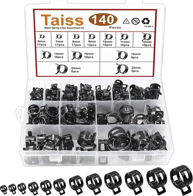 Taiss 140PCS 12 Sizes 6-22mm Black Spring Band Hose Clamp Assortment Kits.Low Pressure Air Clip Strap Clamp for Air Hose Tube Hose Fuel Silicone Vacuum Hose Clamp - Image 1